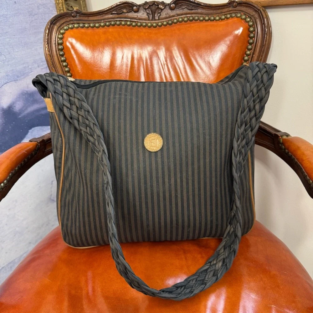 Fendi Zucca Stripe Canvas Shoulder Crossbody Logo Bag Brown Black Vintage